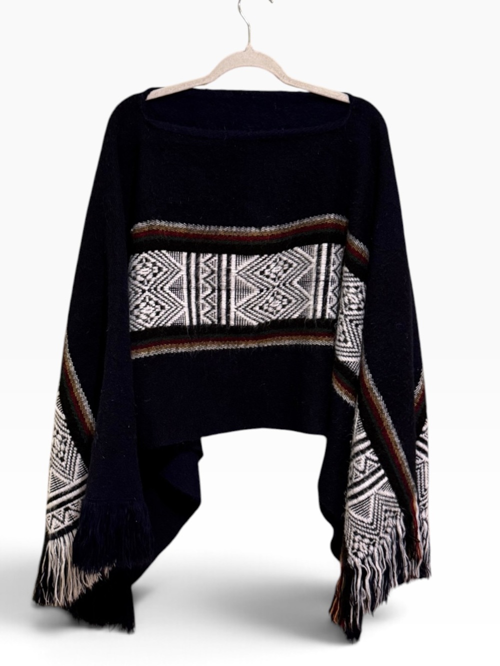 Peguche Handcrafts 100% Wool Andean Fringe Poncho Sweater Boho
